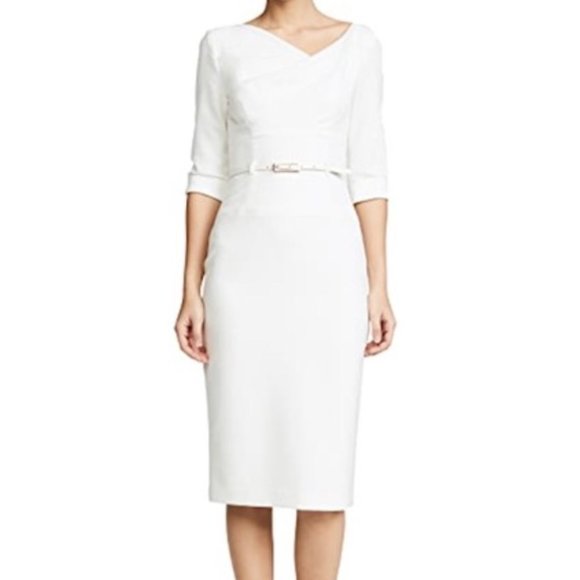 Sz 10 Black Halo CLASSIC 3/4 SLEEVE JACKIE O SHEATH DRESS Ivory White - Picture 4 of 11